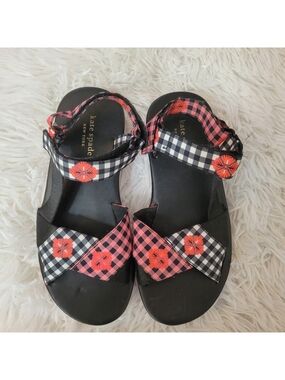 kate spade Black Floral Gingham Dotty Ankle Strap Sandals Size 7B